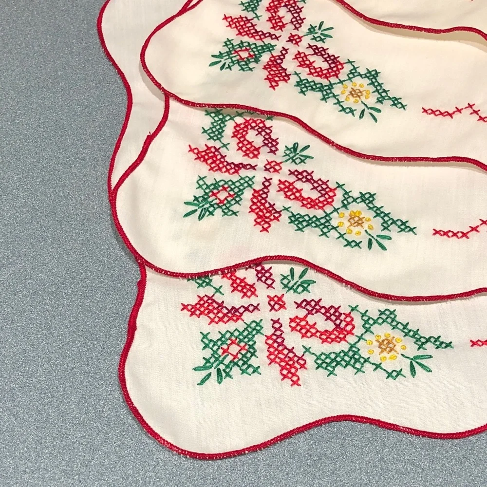 Embroidered Table Linens with Red Trim